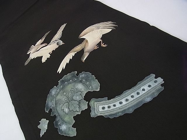 平和屋本店■希少 アンティーク 大正ロマン 両面太鼓柄袋帯 刺繍 骸骨 骨 芒 三日月 鳥 黒地 銀糸 DZAA1068kh4 - 平和屋
