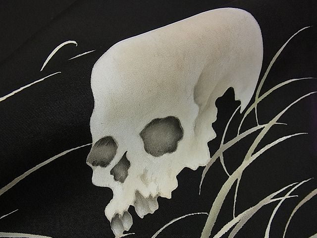 平和屋本店■希少 アンティーク 大正ロマン 両面太鼓柄袋帯 刺繍 骸骨 骨 芒 三日月 鳥 黒地 銀糸 DZAA1068kh4 - 平和屋