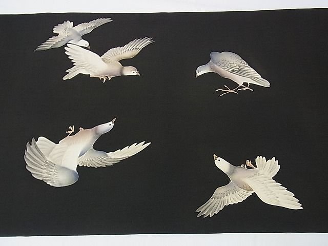 平和屋本店■希少 アンティーク 大正ロマン 両面太鼓柄袋帯 刺繍 骸骨 骨 芒 三日月 鳥 黒地 銀糸 DZAA1068kh4 - 平和屋