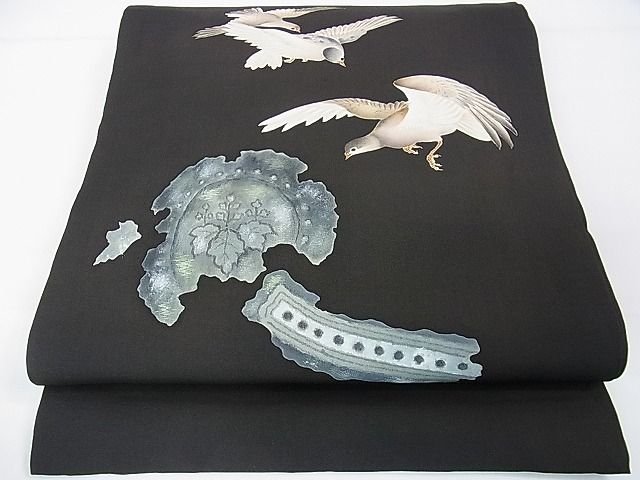 平和屋本店■希少 アンティーク 大正ロマン 両面太鼓柄袋帯 刺繍 骸骨 骨 芒 三日月 鳥 黒地 銀糸 DZAA1068kh4 - 平和屋