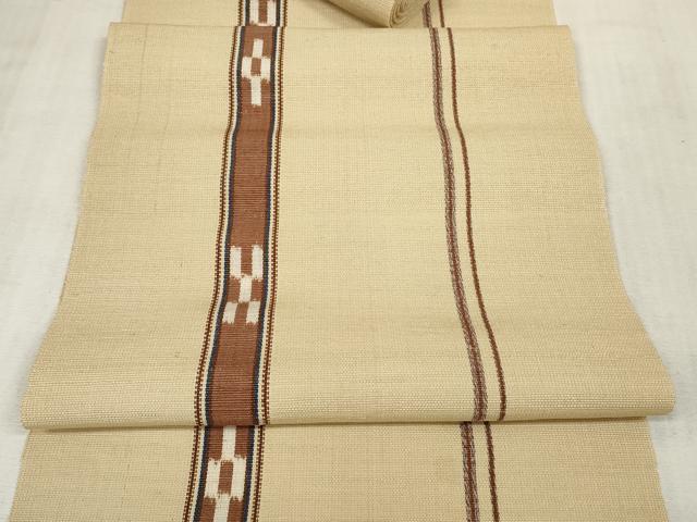平和屋本店■沖縄県伝統工芸品 八重山ミンサー 手織り 名古屋帯 帯反物 間道 綿 逸品 未使用 DZAA11098kh5