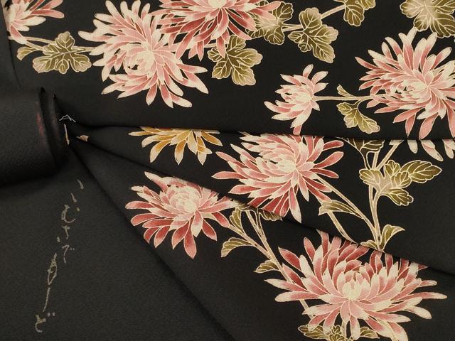 平和屋本店●極上 こむさでもーど・COMME CA DU MODE 付下げ 反物 着尺 枝菊 黒地 八掛付き 逸品 未使用 DZAA11133kh5