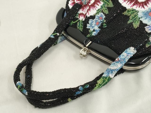 平和屋本店●和装小物 ビーズバッグ 和装バッグ 草花 がま口 持ち手付き レトロ 逸品 DZAA11178kh5