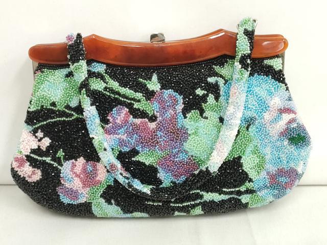 平和屋本店●和装小物 ビーズバッグ 和装バッグ 草花 がま口 持ち手付き レトロ 逸品 DZAA11179kh5