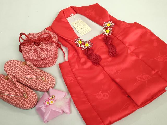 平和屋本店■極上 七五三 女の子 3歳 被布 草履 巾着 髪飾り 小物セット 茜色 箱付き 逸品 未使用 DZAA11383kh5
