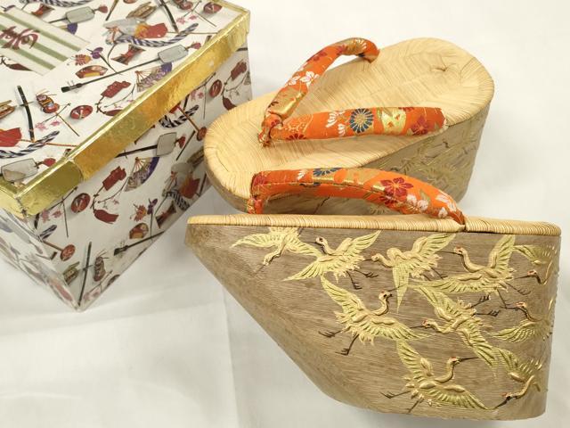 平和屋本店●和装小物 ぽっくり下駄 こっぽり・おこぼ下駄 畳表 金蒔絵 千羽鶴 白木 箱付き 逸品 DZAA11505kh5