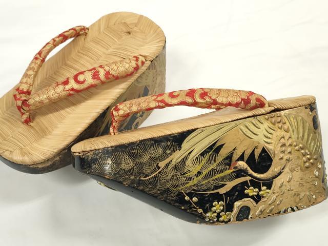 平和屋着物●極上 和装小物 ぽっくり下駄 こっぽり・おこぼ下駄 畳表 金蒔絵 鶴梅松文 20cm 逸品 DZAA11772kh6