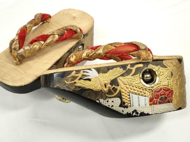 平和屋着物●極上 和装小物 ぽっくり下駄 おこぼ・こっぽり下駄 畳表 金蒔絵 御所車飛鶴松文 19.5cm 逸品 DZAA12031kh6