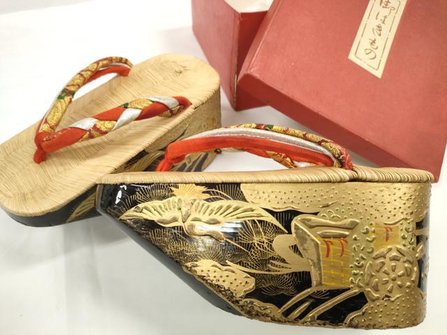 平和屋着物●極上 和装小物 ぽっくり下駄 こっぽり・おこぼ下駄 畳表 金蒔絵 御所車飛鶴松文 箱付き 20cm 逸品 DZAA12047kh6
