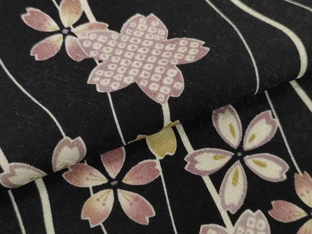 平和屋着物●極上 小紋 反物 着尺 千八唐織 桜間道 黒地 逸品 未使用 DZAA12189kh6