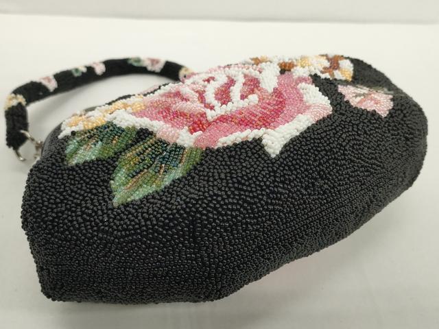 平和屋着物●極上 和装小物 和装バッグ ビーズバッグ 黒ビーズ 薔薇 持ち手付き がま口 レトロ 逸品 DZAA12266kh6