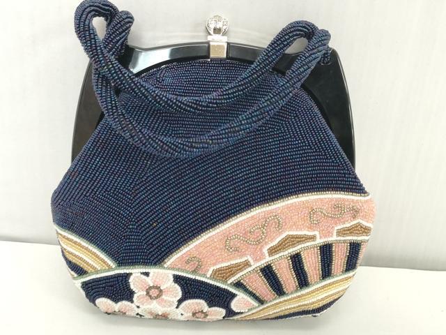 平和屋着物●極上 和装小物 和装バッグ ビーズバッグ 草花 持ち手付き がま口 レトロ 逸品 DZAA12273kh6