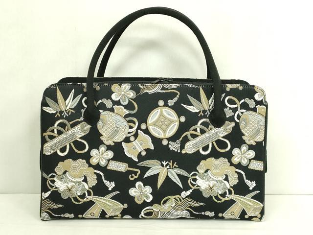 平和屋着物●極上 和装小物 バッグ 利休バッグ 宝尽くし 黒地 逸品 未使用 DZAA12286kh6