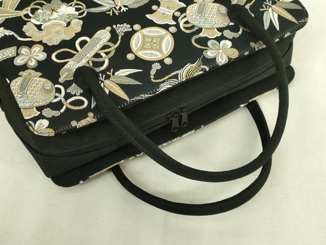 平和屋着物●極上 和装小物 バッグ 利休バッグ 宝尽くし 黒地 逸品 未使用 DZAA12286kh6