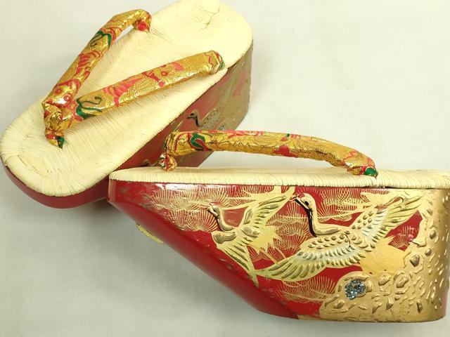平和屋着物●極上 和装小物 ぽっくり下駄 こっぽり・おこぼ下駄 金蒔絵 飛鶴 21cm 逸品 DZAA12343kh6