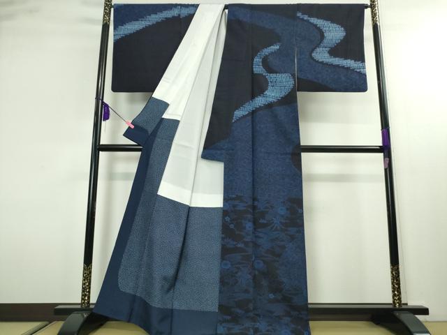 平和屋本店■極上 藍造り国選定無形文化財 藍師・佐藤昭人 訪問着 紬地 阿波藍天然藍染 灰汁発酵建 反端付き 逸品 DZAA1721kh4 - 平和屋