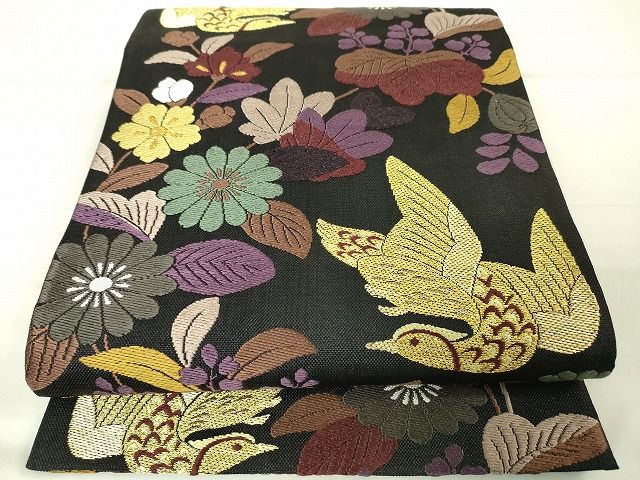 平和屋本店■極上 六通柄袋帯 スリーシーズン帯 雅趣 花鳥文 黒地 金糸 逸品 DZAA1872kh4 - 平和屋