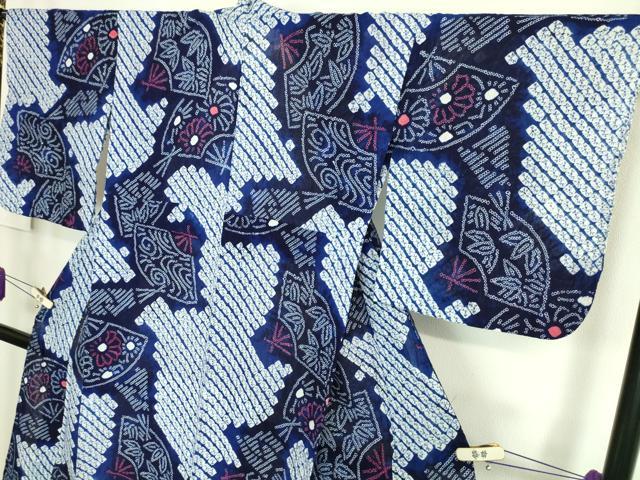 平和屋着物∴極上 夏物 浴衣 有松鳴海絞り 扇面花文 綿 逸品 DZAA20148kh5