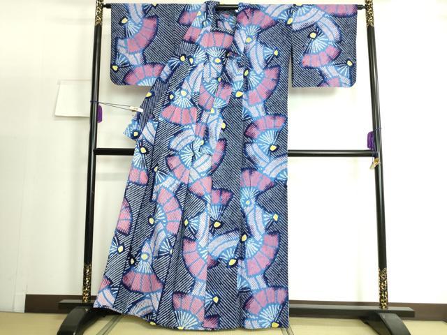 平和屋着物∴極上 夏物 浴衣 有松鳴海絞り 舞扇文 綿 逸品 DZAA20163kh5