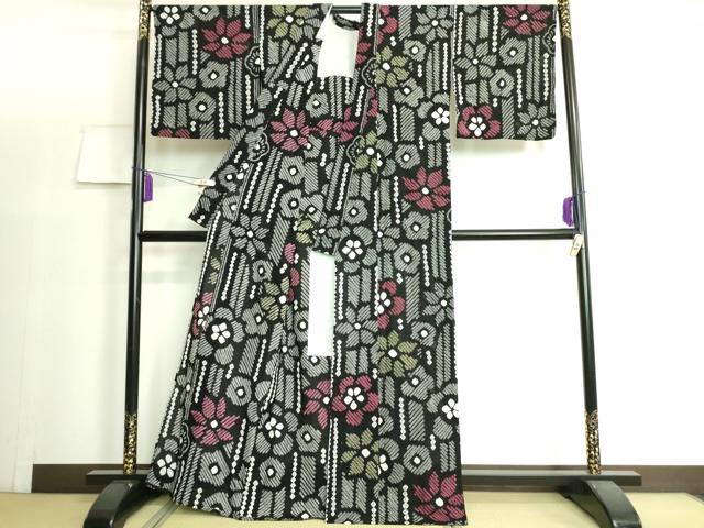 平和屋着物∴極上 夏物 浴衣 有松鳴海絞り 舞花文 黒地 綿 逸品 DZAA20164kh5