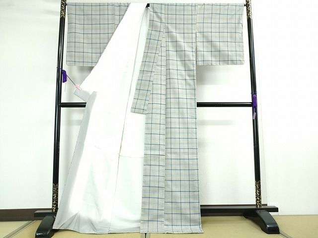 平和屋本店■希少 重要無形文化財 本場久米島紬 ゆうな染 藍 手織 草木染 泥染 宮平トシ子作 格子 証紙付き 逸品 未使用 DZAA2052kh4 - 平和屋