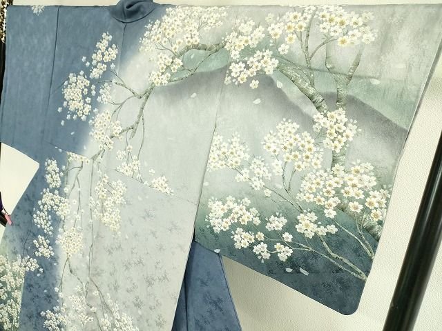 平和屋本店■極上 京友禅の巨匠・頼田勉 臈纈染手描友禅 訪問着 枝桜 暈し染め 銀通し地 逸品 未使用 DZAA2077kh4 - 平和屋