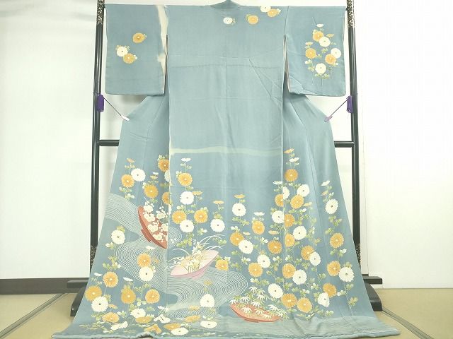 平和屋本店■極上 アンティーク 大正ロマン お引きずり・お引き摺り 訪問着 友禅 流水 菊 梅 笹竹 逸品 DZAA2116kh4 - 平和屋