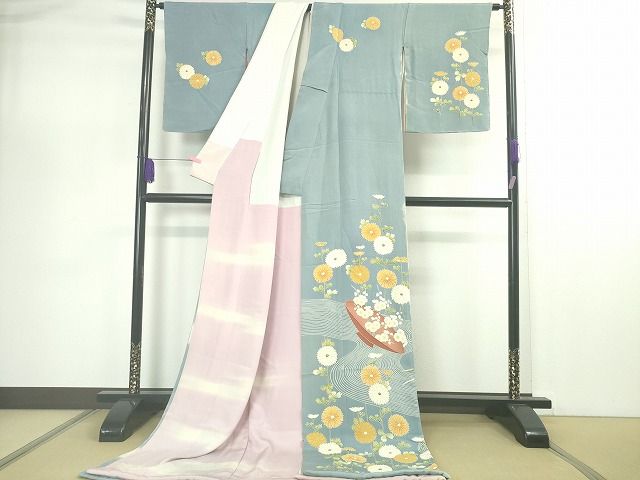 平和屋本店■極上 アンティーク 大正ロマン お引きずり・お引き摺り 訪問着 友禅 流水 菊 梅 笹竹 逸品 DZAA2116kh4 - 平和屋