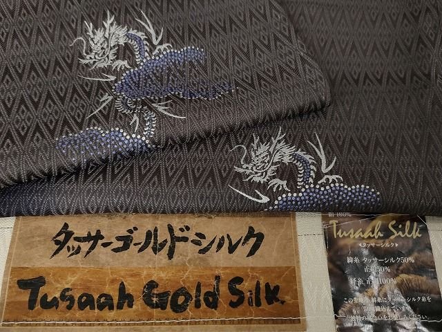 平和屋本店■極上 タッサーゴールドシルク 長羽織 単衣 龍 暈し染め 銀彩 証紙付き 逸品 未使用 DZAA2137kh4 - 平和屋