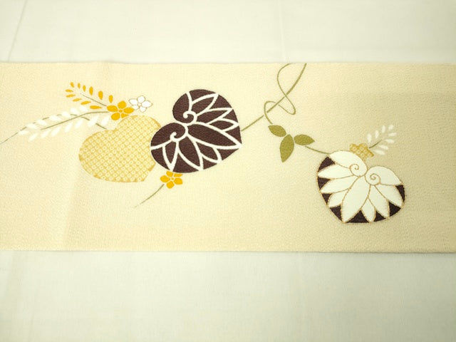 期間限定セール20%off●極上 工芸キモノ野口 九寸名古屋帯 葵 薄卵色 金彩 鬼しぼ縮緬 逸品 未使用 DZAA2352kh4