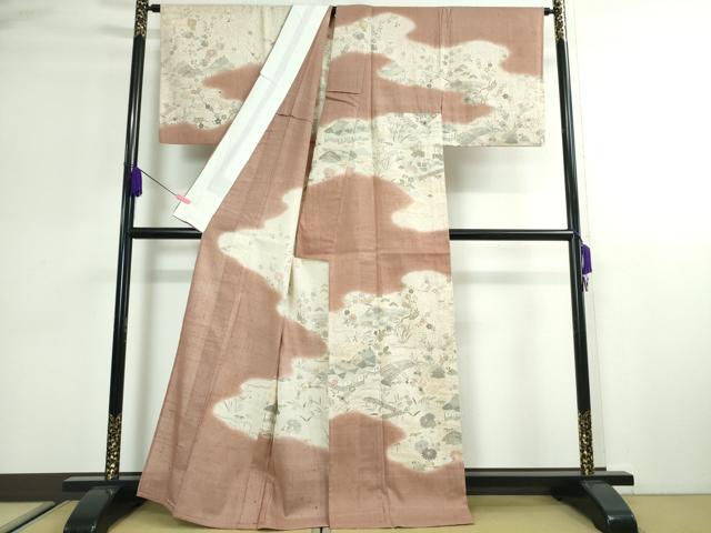 平和屋本店■極上 染織の名門 しょうざん 生紬 訪問着 単衣 渡橋風景花文 洗朱色地 証紙付き 逸品 DZAA2529kh5 - 平和屋