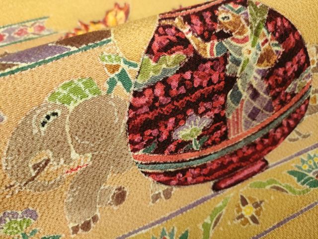平和屋本店■極上 名門・上野家 上野街子 清染居 九寸開き名古屋帯 花瓶 人物鳥獣文 鬼しぼ縮緬 逸品 DZAA2594kh5 - 平和屋