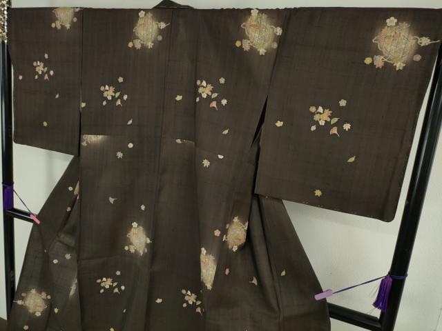 平和屋本店■極上 経節紬 単衣 吹寄せ花籠文 鉄黒色地 逸品 未使用 DZAA2655kh5 - 平和屋