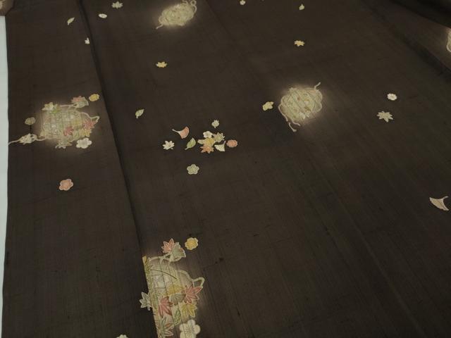 平和屋本店■極上 経節紬 単衣 吹寄せ花籠文 鉄黒色地 逸品 未使用 DZAA2655kh5 - 平和屋