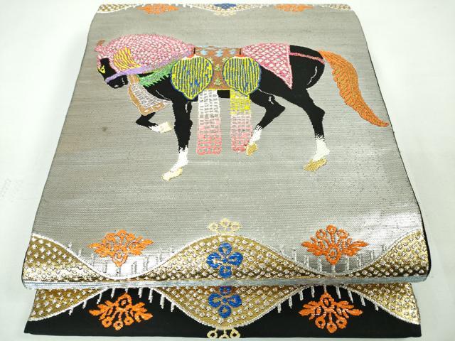 平和屋本店■極上 龍村平蔵製 本袋帯 天竺祭馬錦 黒地 金銀糸 逸品 DZAA2887kh5