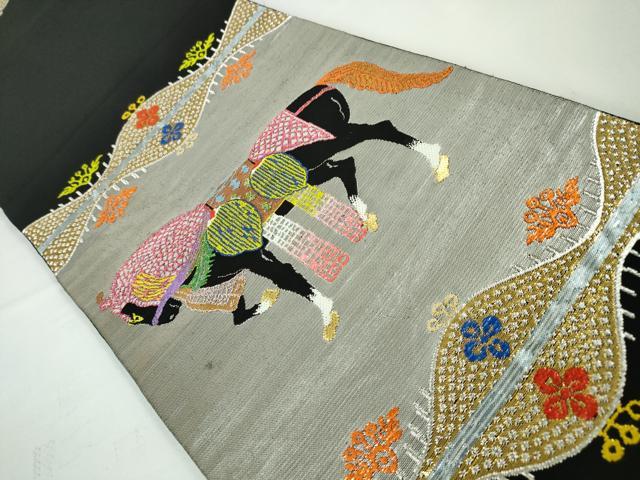 平和屋本店■極上 龍村平蔵製 本袋帯 天竺祭馬錦 黒地 金銀糸 逸品 DZAA2887kh5