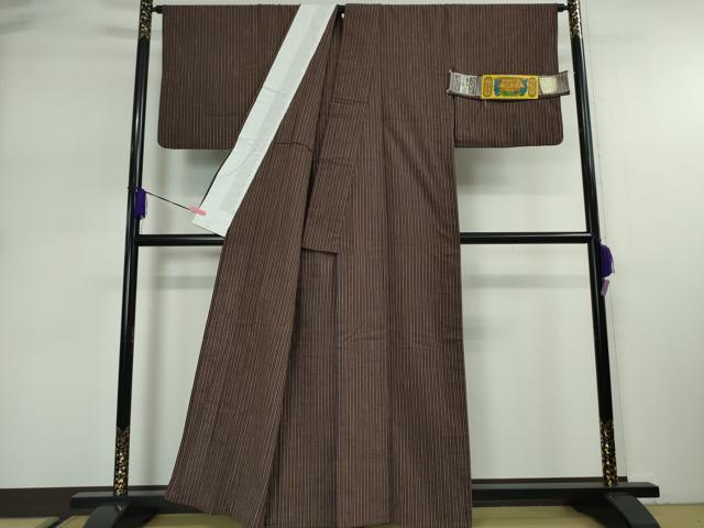 平和屋本店■極上 越後片貝 紺仁謹製 紺仁手織紬 単衣 正藍草木染 綿 縞 証紙付き 逸品 DZAA2937kh5 - 平和屋