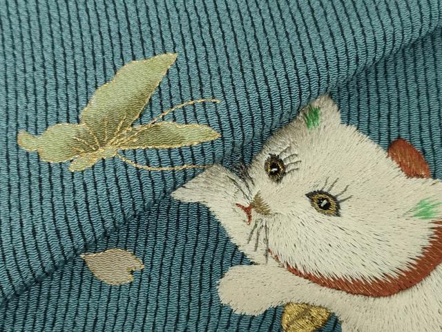 平和屋本店■極上 セミアンティーク 太鼓柄袋帯 総手刺繍 猫 蝶 縮緬地 金糸 逸品 DZAA3128kh5 - 平和屋