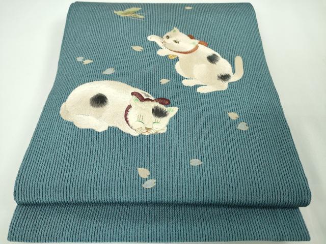 平和屋本店■極上 セミアンティーク 太鼓柄袋帯 総手刺繍 猫 蝶 縮緬地 金糸 逸品 DZAA3128kh5 - 平和屋