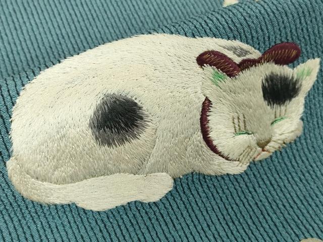 平和屋本店■極上 セミアンティーク 太鼓柄袋帯 総手刺繍 猫 蝶 縮緬地 金糸 逸品 DZAA3128kh5 - 平和屋