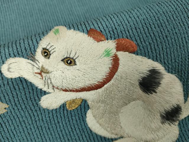平和屋本店■極上 セミアンティーク 太鼓柄袋帯 総手刺繍 猫 蝶 縮緬地 金糸 逸品 DZAA3128kh5 - 平和屋