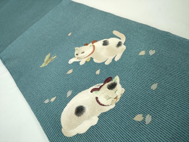 平和屋本店■極上 セミアンティーク 太鼓柄袋帯 総手刺繍 猫 蝶 縮緬地 金糸 逸品 DZAA3128kh5 - 平和屋