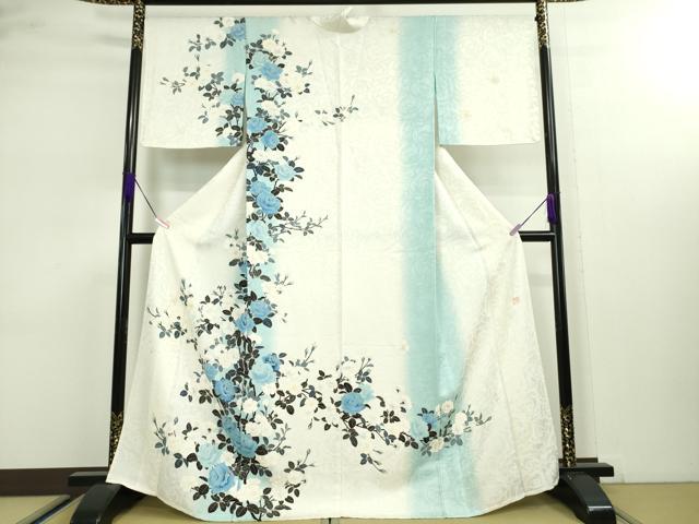 平和屋本店■極上 名門染元 秀美 十日町友禅 龍谷 訪問着 単衣 舞蝶薔薇文 暈し染め 銀通し地 逸品 DZAA3160kh5 - 平和屋