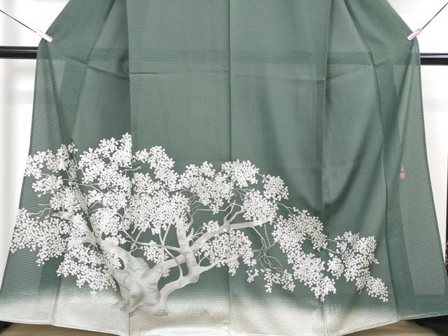平和屋本店■極上 夏物 松尾光琳 訪問着 絽 桜 暈し染め 虫襖色地 銀彩 五泉 皇室献上絹 反端付き 逸品 DZAA3170kh5 - 平和屋