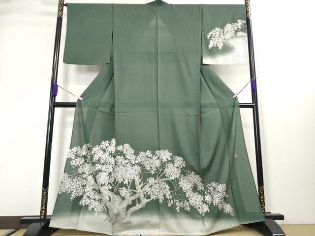 平和屋本店■極上 夏物 松尾光琳 訪問着 絽 桜 暈し染め 虫襖色地 銀彩 五泉 皇室献上絹 反端付き 逸品 DZAA3170kh5 - 平和屋