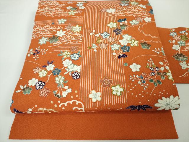 平和屋本店■極上 銀座きしや 九寸名古屋帯 駒刺繍 吉祥花文 鬼しぼ縮緬 朱色地 たとう紙付き 逸品 未使用 DZAA3212kh5 - 平和屋