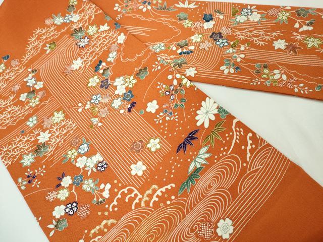 平和屋本店■極上 銀座きしや 九寸名古屋帯 駒刺繍 吉祥花文 鬼しぼ縮緬 朱色地 たとう紙付き 逸品 未使用 DZAA3212kh5 - 平和屋