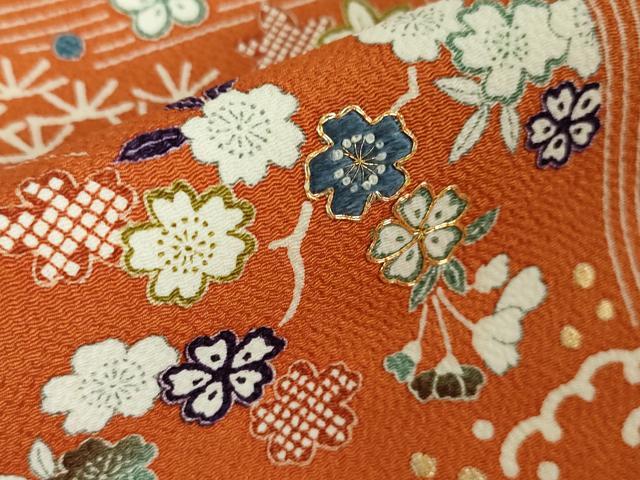平和屋本店■極上 銀座きしや 九寸名古屋帯 駒刺繍 吉祥花文 鬼しぼ縮緬 朱色地 たとう紙付き 逸品 未使用 DZAA3212kh5 - 平和屋