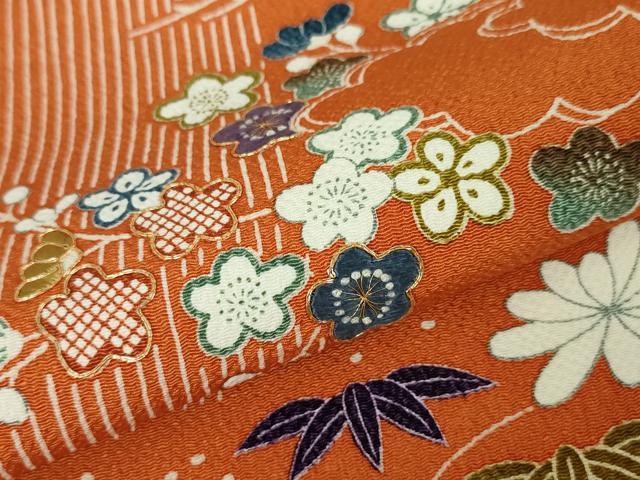 平和屋本店■極上 銀座きしや 九寸名古屋帯 駒刺繍 吉祥花文 鬼しぼ縮緬 朱色地 たとう紙付き 逸品 未使用 DZAA3212kh5 - 平和屋