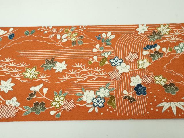 平和屋本店■極上 銀座きしや 九寸名古屋帯 駒刺繍 吉祥花文 鬼しぼ縮緬 朱色地 たとう紙付き 逸品 未使用 DZAA3212kh5 - 平和屋